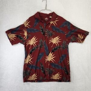 Arrow Mens XL Tropical Palm Leaf Polo Shirt Burgundy Cotton Rayon Short Sleeve